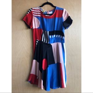 💙❤️🖤 Rare! Dusen Dusen Silk Geo Fit and Flare Dress, Sz. S